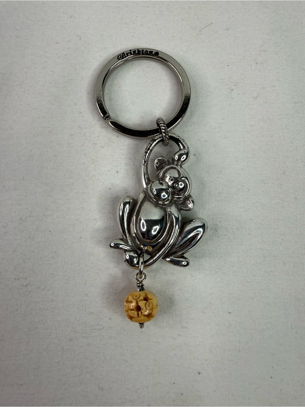 Brighton Silver Plated Monkeying Around Keychain with Carved Wood Charm Y2K